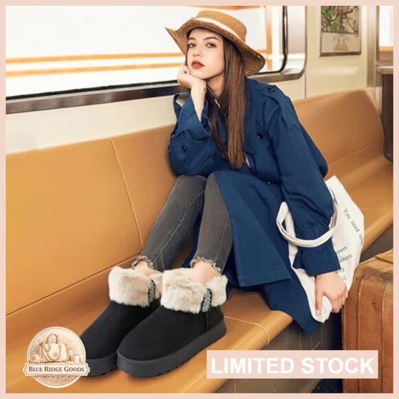 Faux Fur Lined Platform Snow Boots Slip On Ankle Booties Winter Warm Fuzzy - Picture 2 of 7